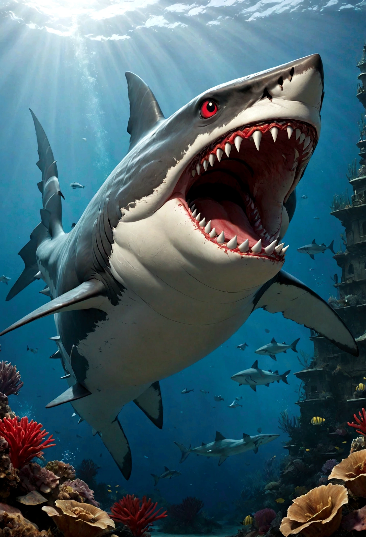 Jack:
The hawk is a huge shark, characterized by its strong and durable body, and its sharp teeth that protrude when it opens its mouth. He has sharp, red eyes that reflect his ferocity and strength, and large fins that make him appear intimidating and powerful. Jawk bears some marks on his body that indicate the battles he fought in the past, which shows his strength and resilience in the face of challenges.