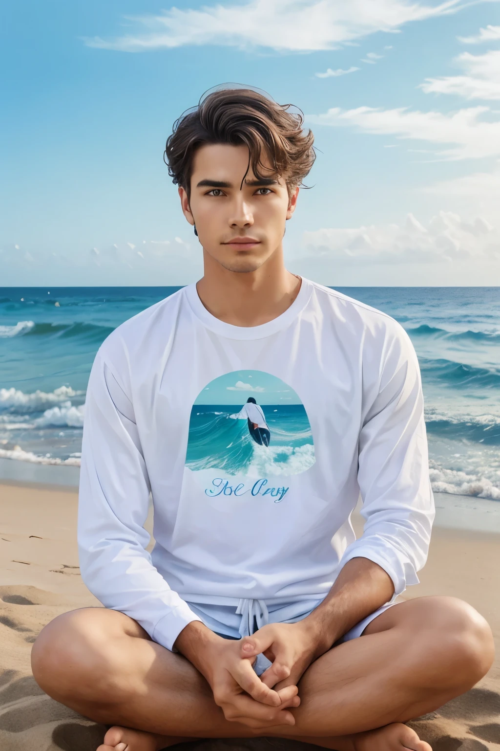 A man sitting properly in a beach peacefully, holding a twisted letter in his hand, with medium hair, fair skin, side faced, waves are touching his feet, looking at sky, title at the top corner is "A love wave" in white color font, theme is sky-blue 