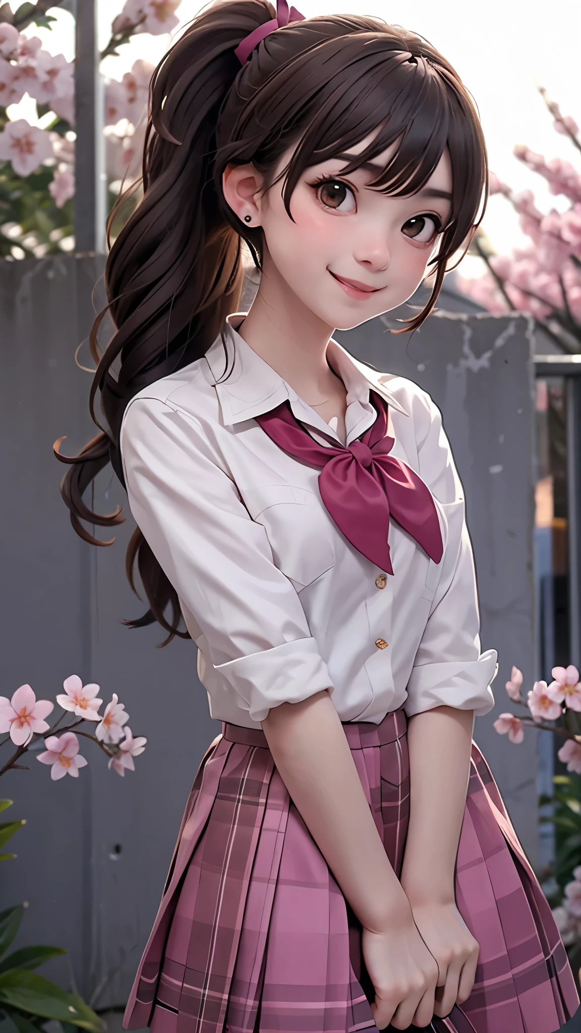 ((In front of the school gate)),(Entrance Ceremony、cherry blossoms),(Backlight:1.2),Composition with face in the center, (cowboy shot:1.3),(masterpiece, highest quality),1 girl, alone, hyper Realistic,Realistic,Looking at the audience, Light brown eyes:1.2,long Hair:2,(ponytail),shiny hair, Mouth closed, Glowing Skin:1.2, She is very beautiful and cute, Show your ear, beautiful long neck,(smile:1.2), Bangs, Ideal body type, beautiful long neck:1.2, Perfect Anatomy, 