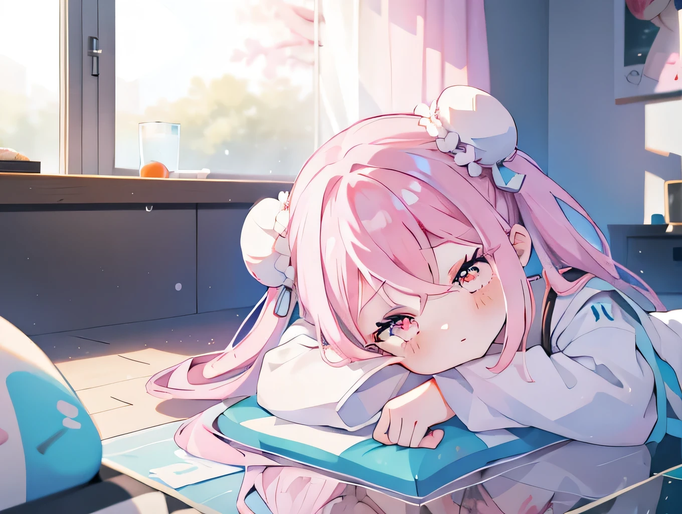 One Girl, ((miku hatsune))、sleep、kotatsu, table, sleepeace, down face, Light blue hair, Winters, Upper Body,mandarin orange, reflected light,, Ultras_detailed:1.2,masterpiece, highest quality, High resolution, {Detailed and beautiful eyes}, finely,  Detailed and beautiful eyes,1 Girl, (alone:1.5),  (Hair Ribbon:0.4), Pink Eyes,Cinematic Angles,perspective,(((White bun hair))),(((Long pink hair))),