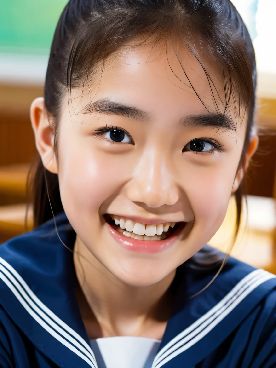 lens: 135mm f1.8, (highest quality),(RAW Photos), (Tabletop:1.1), (Beautiful  Japanese girl), Cute Face, (Deeply chiseled face:0.7), (freckles:0.4), Dappled sunlight, Dramatic lighting, Navy blue sailor suit, Long sleeve, (In the classroom), shy, (Close-up shot:1.2), smile