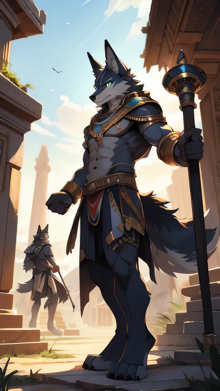 ((Anubis)),(grim Reaper),Pharaonic elements,masterpiece,Cold,high quality,(((whole body))),狼furry,(agerfurry),Wolf Tribe,teen,Jackal,(((Hold the staff in your left hand))),Golden Neck Armor,Gold bracelet,〈〈Dark brown skin〉〉,(((Blue abs))),Green pupils ,Thin ears,Long ears,Pointed ears,Cyan outer ear,(Thick body),((Thin waist)),Pectoralis major,((Long legs)),Big Foot,Thick wolf tail,Mature face,Exquisite eyes,Detailed body,Detailed legs,(Perfect hands),(Perfect feet),high resolution,No shirt,No underwear,((Crotch ribbon)),((Crotch bulge)),(((Background of the mausoleum))),(daytime),(looking directly at camera),(Fighting Stance),Kenket's Art