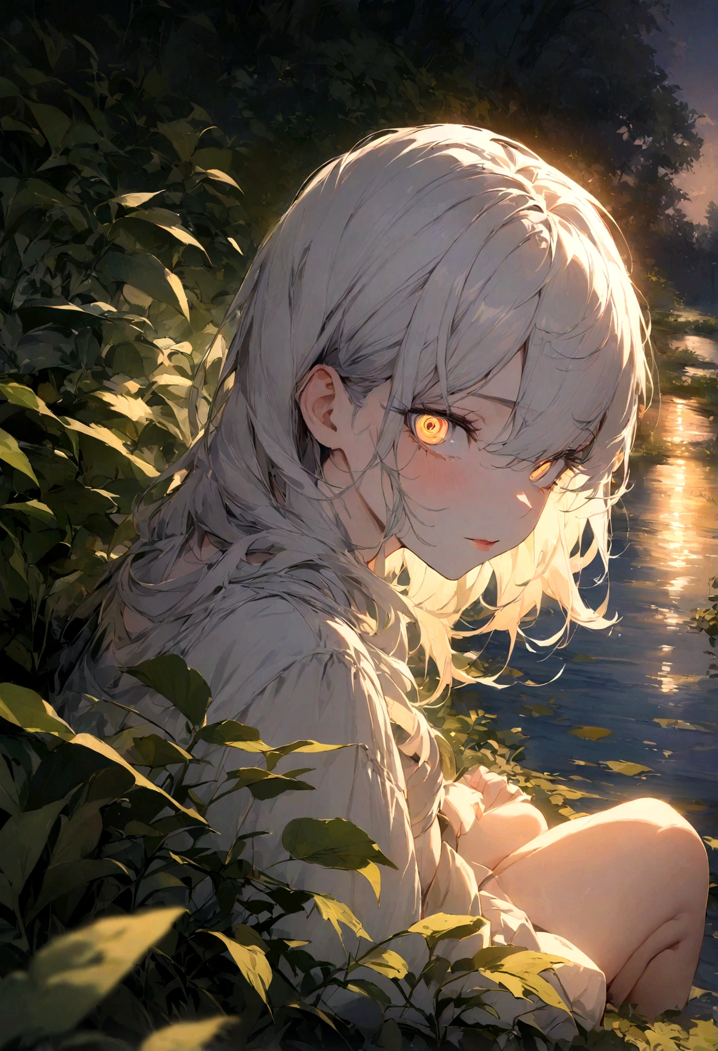 (masterpiece, Top quality), A girl with long white hair sits in a field of green plants and flowers, Warm moonlight, Blurred foreground, Change, River bank, shorts, Strange eyes