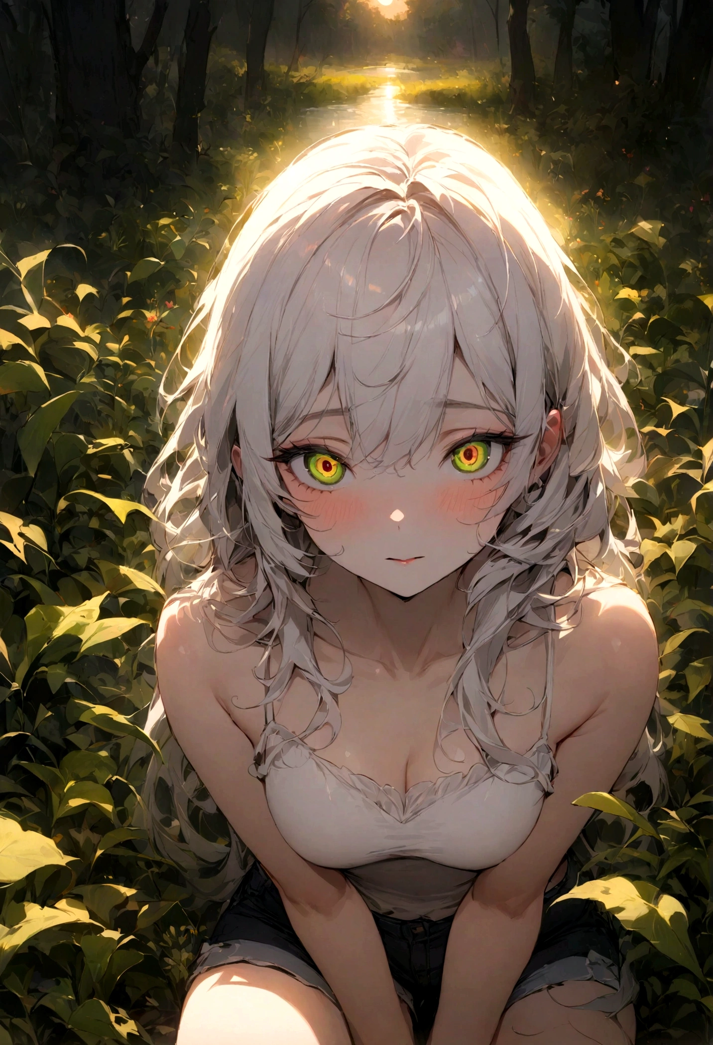 (masterpiece, Top quality), A girl with long white hair sits in a field of green plants and flowers, Warm moonlight, Blurred foreground, Change, River bank, shorts, Strange eyes