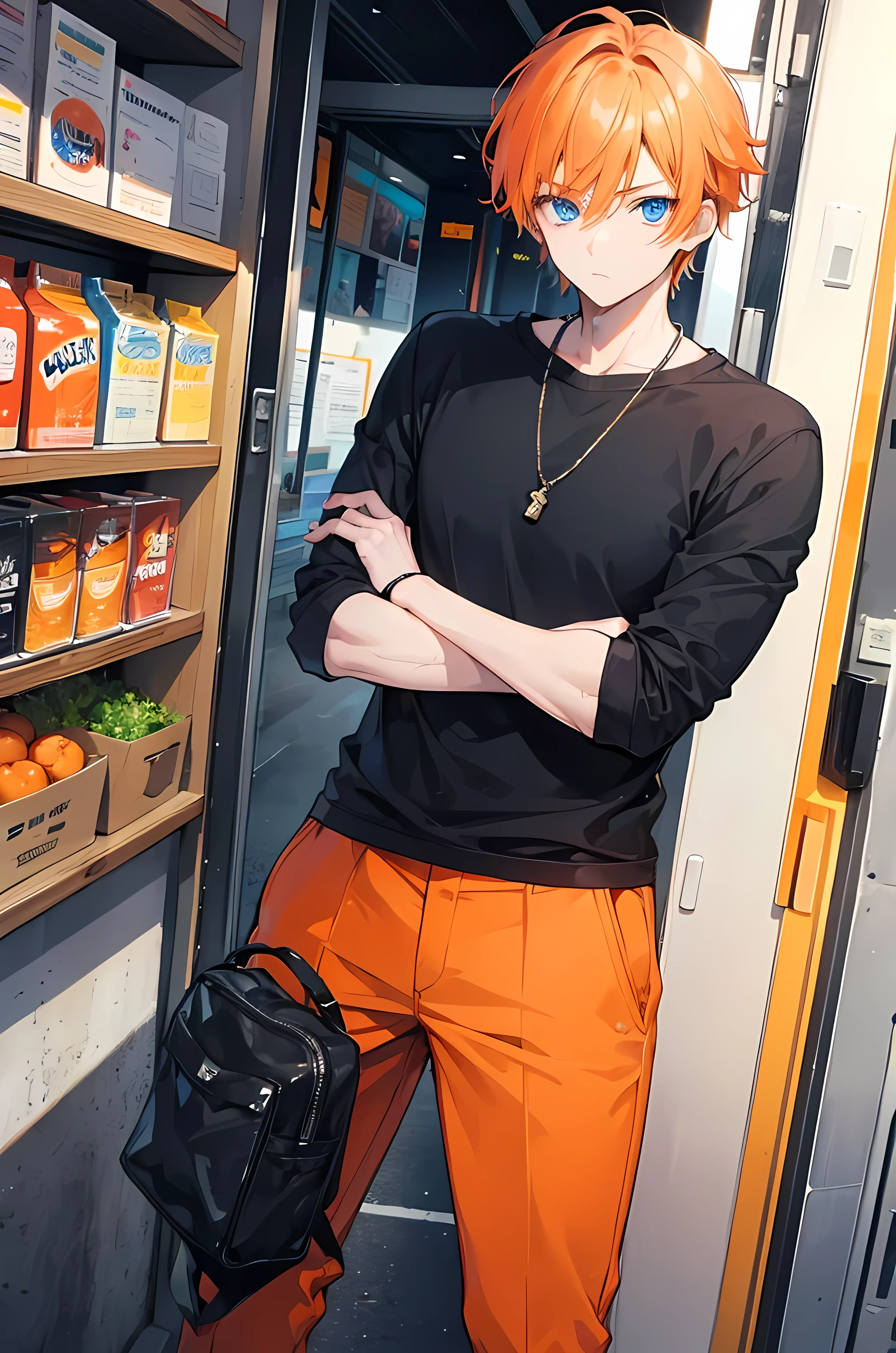 Young man, orange short hair, blue eyes, modern style, handsome man, slang, cool boy