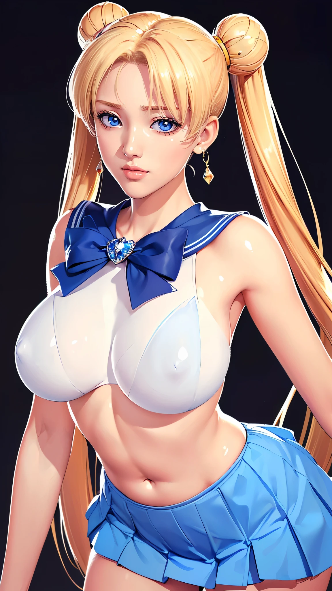 (((Perfect body,White and tender skin,(((Blue and white sailor suit, black high heels, and a bright red bow on the chest))),(((SMUsagiTsukino,Slender and soft golden hair, crystal clear and delicate skin, bright blue big eyes, thin cherry colored lips,,))),((masterpiece)),highres,((Best quality at best)),masterpiece,quality,Best quality,((( Exquisite facial features,Looking at the audience,There is light in the eyes,(((lol,happy)))))),(((Light and shadow,Huge breasts,))),(((Looking at the camera,black background,))))