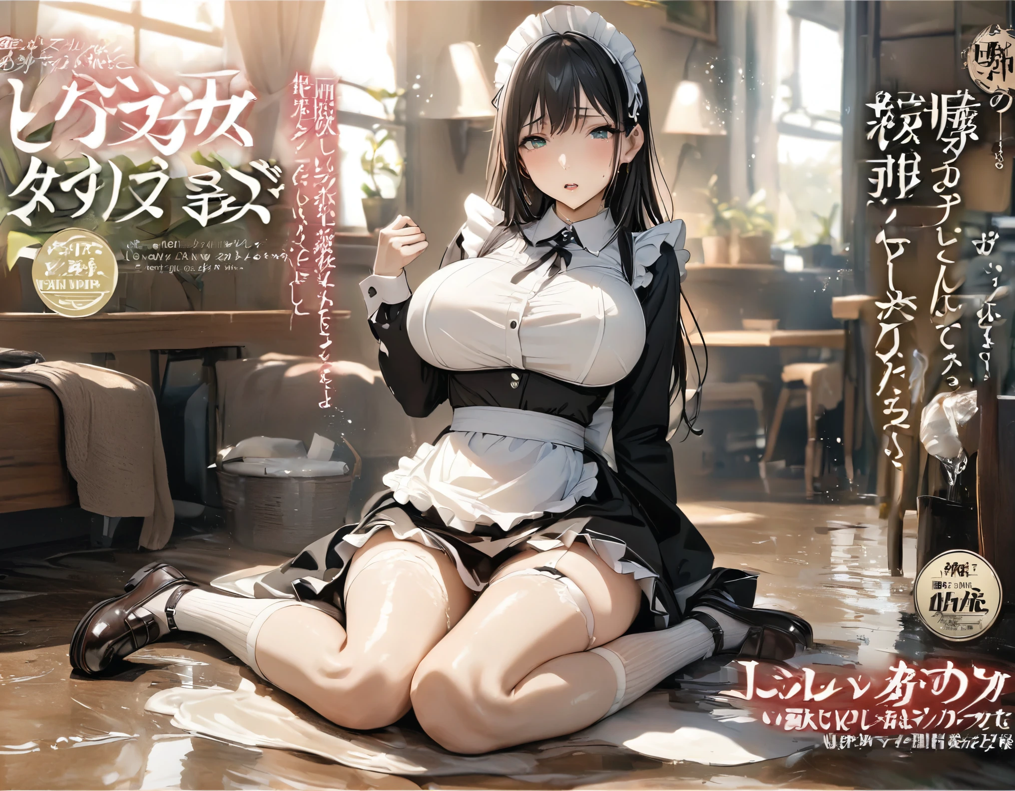 Magazine cover(masterpiece, best quality:1.2),Maid，（（（The eyes are delicate）））（（Maid衣服））Socks，Wet floor（8K）（HD）