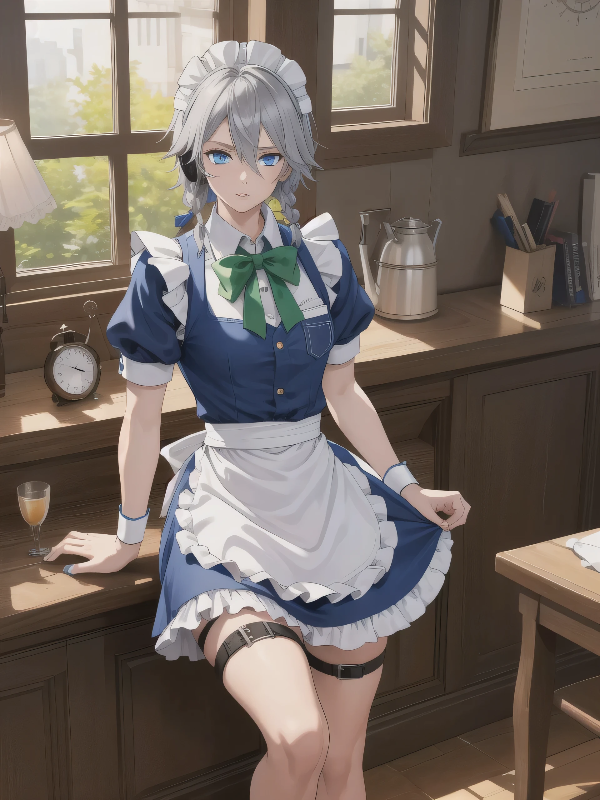 1 girl, alone, Izayoi Sakuya, apron, maid headset, short sleeve, twin braids, set, puffy sleeves, conjunctivitis, braid, bow, maid, white apron, puffy short sleeve, blue set, gray hair, green bow, Holding, ribbon, petals, frilled apron, thigh, neck ribbon, window, Look at the watcher., waist apron, hair bow, smooth, In the building, green ribbon, white shirt, maid apron, chest, petticoat, court, Feet out of bounds, medium chest, Chapped lips, shirt, hair between the eyes, short hair, thigh leather holster, short set, rose petals, high straps, leather holster, pocket watch, Dutch corner, light particles, nail polish, blood, Danmaku, bowtie, hair ribbon, watch, green bowtie, wing neck, Sparkle, Masterpiece,best quality, (blue eyes:1.5), medium breast