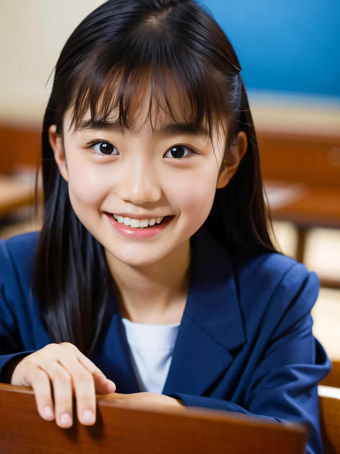 lens: 135mm f1.8, (highest quality),(RAW Photos), (Tabletop:1.1), (Beautiful  Japanese girl), Cute Face, (Deeply chiseled face:0.7), (freckles:0.4), Dappled sunlight, Dramatic lighting, Navy blue sailor suit, Long sleeve, (In the classroom), shy, (Close-up shot:1.2), smile