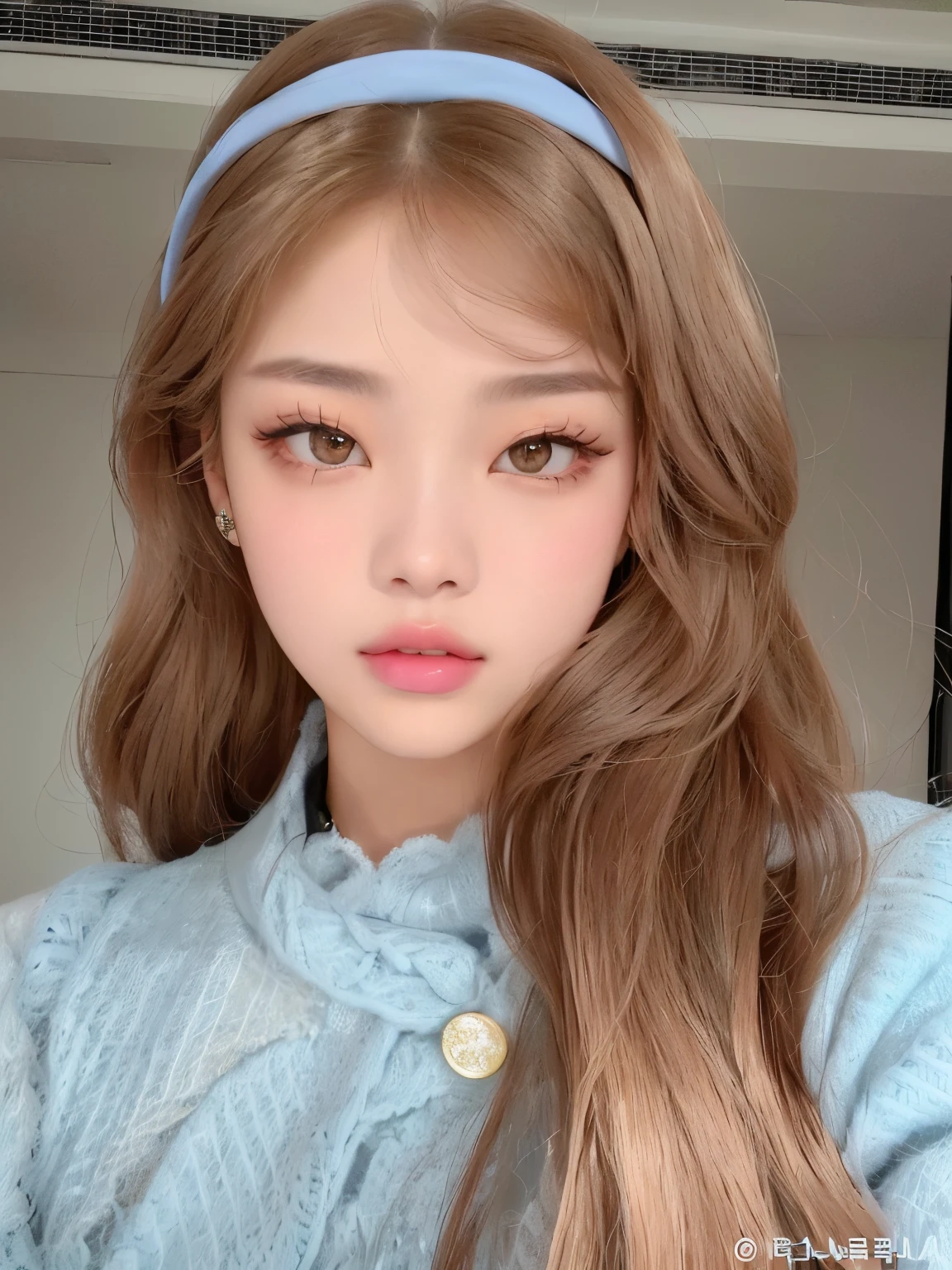 arafed woman with long hair wearing a blue coat and a headband, popular south korean makeup, ulzzang, popular korean makeup, lalisa manobal, young adorable korean face, soft makeup, korean girl, sakimichan, gorgeous young korean woman, beautiful young korean woman, portrait jennie of blackpink, beautiful south korean woman, rostro de Jennie de BlackPink, Jennie, cara de Jennie de BlackPink