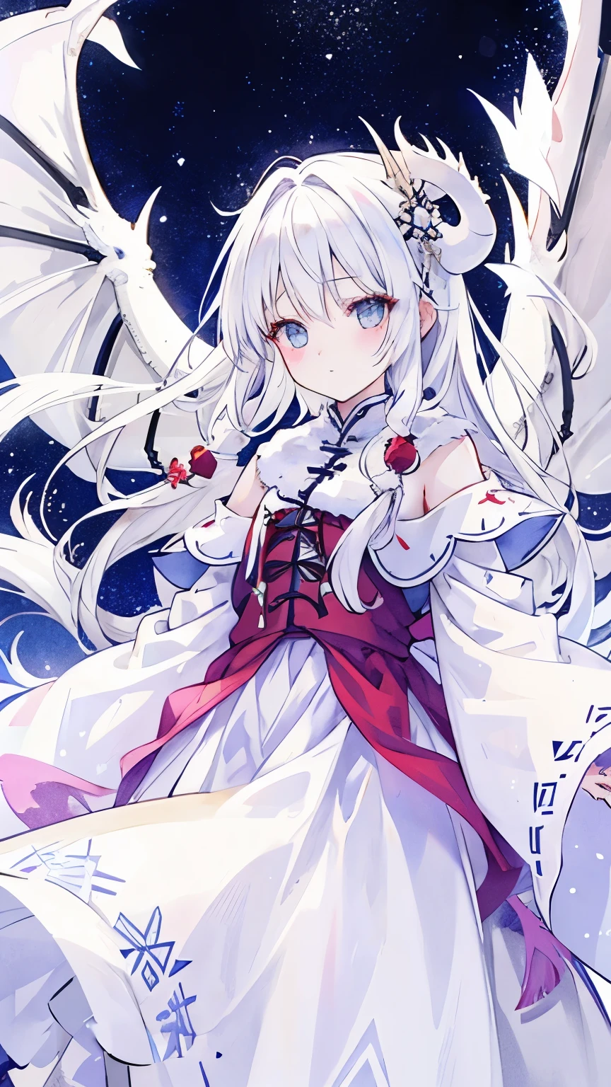 White dragon horn、White eyes、Snowy hair、White dress with intricate patterns、20 years old、Remove text from the image