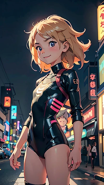 (8k),(masterpiece),(Japanese),(***************),((innocent look)),((Petit)),From the front,smile,cute,Innocent,Kind eyes,flat chest, Slender, Black Canary costume,semi-long,Hair blowing in the wind,Blonde Hair,strong wind,midnight,dark,neon light futuristic city