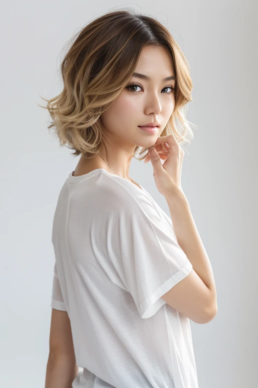Asian, Beautiful, Slender, Cute, 30s, Beautiful Face, Beautiful Skin, Actress, Mature, Upper Body, Light Brown Hair, Fine Hair, Live Action, Masterpiece, Best Quality, Very Elaborate CG Unity 8K wallpaper, Ultra High Definition, Casual Fashion, Lighting, Summer Fashion, (Natural Brown Hair: 0.8), (Puffy Eyes), Look at Audience, Turn Around, Bleach Hair, Model pose, white background, delicate skin type, light curly hair, hands around mouth, white T-shirt, hair model photo