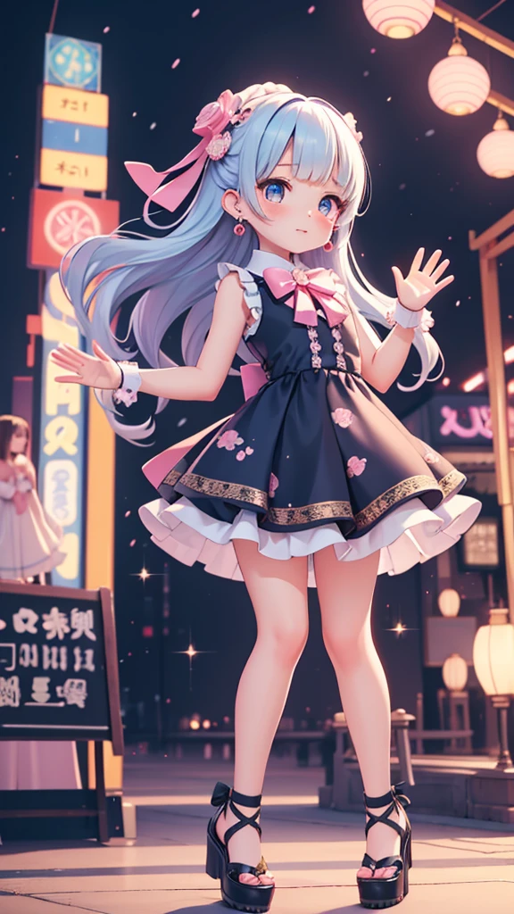 (((bishojo))), ((kawaii face)), ((kawaii eyes)), (masterpiece), (top quality), (hyper detailed), (exquisite), (depth), (crisp), (8k), (beautiful and aesthetic), (super detailed skin), (high standard), (high resolution), (perfect anatomy), ((full body)), (blush), (bow in hair), (((arm pits))), (((waving hand))), (blunt bangs), (earrings), (sleeveless, idol costume), (night, amusement park), (yuri, two girls)