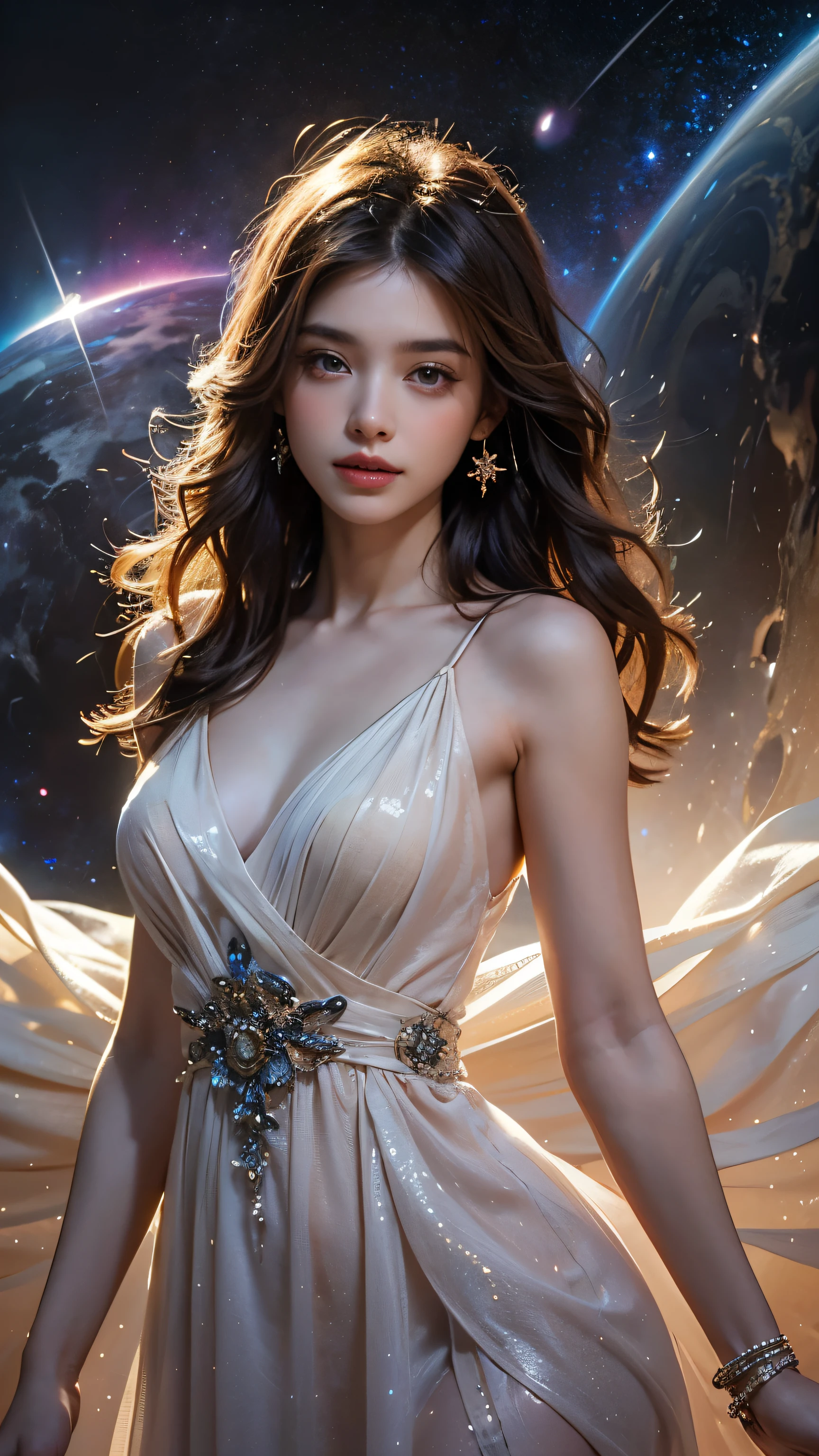 ((A sorceress in a cloud universe and shining stars and galaxy)), girl is - glowing - wearing an elegant, loose fitting dress, Surrounded by vibrant and colorful light particles, Heaven opens to a galactic vortex. Portrait Scene. she (Beautiful details) and (Beautiful details) lips. This dress is made from lightweight materials... girl&#39;Hair falling down (Loose and natural) curl, Add to she (Gentle and easy-going) exterior. She is holding a glowing orb that has swirls of color. The big picture is (highest quality, High resolution) and (Very detailed) Texture and (Realistic) color. A dreamy and fantastical color palette. The lighting is soft, Cast subtle shadows. 8K Cinematic, Volumetric lighting, Gold Ratio Higher Dimension, Space portal. New Timeline, Mysterious Universe, 超High resolution, retina, masterpiece, 8k, Awards