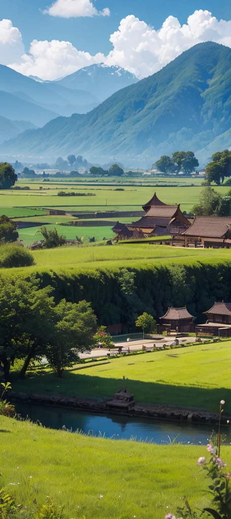 Peaceful atmosphere of a javanese village, distant mountain, bright cloudy sky, green grass, masterpiece, ultra detailed, hyper detailed,
