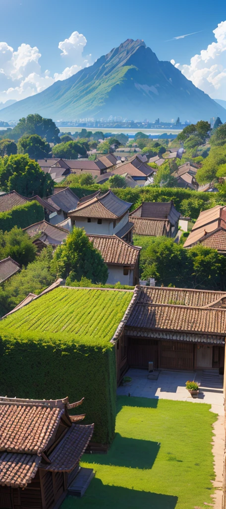 Peaceful atmosphere of a javanese village, distant mountain, bright cloudy sky, green grass, masterpiece, ultra detailed, hyper detailed,