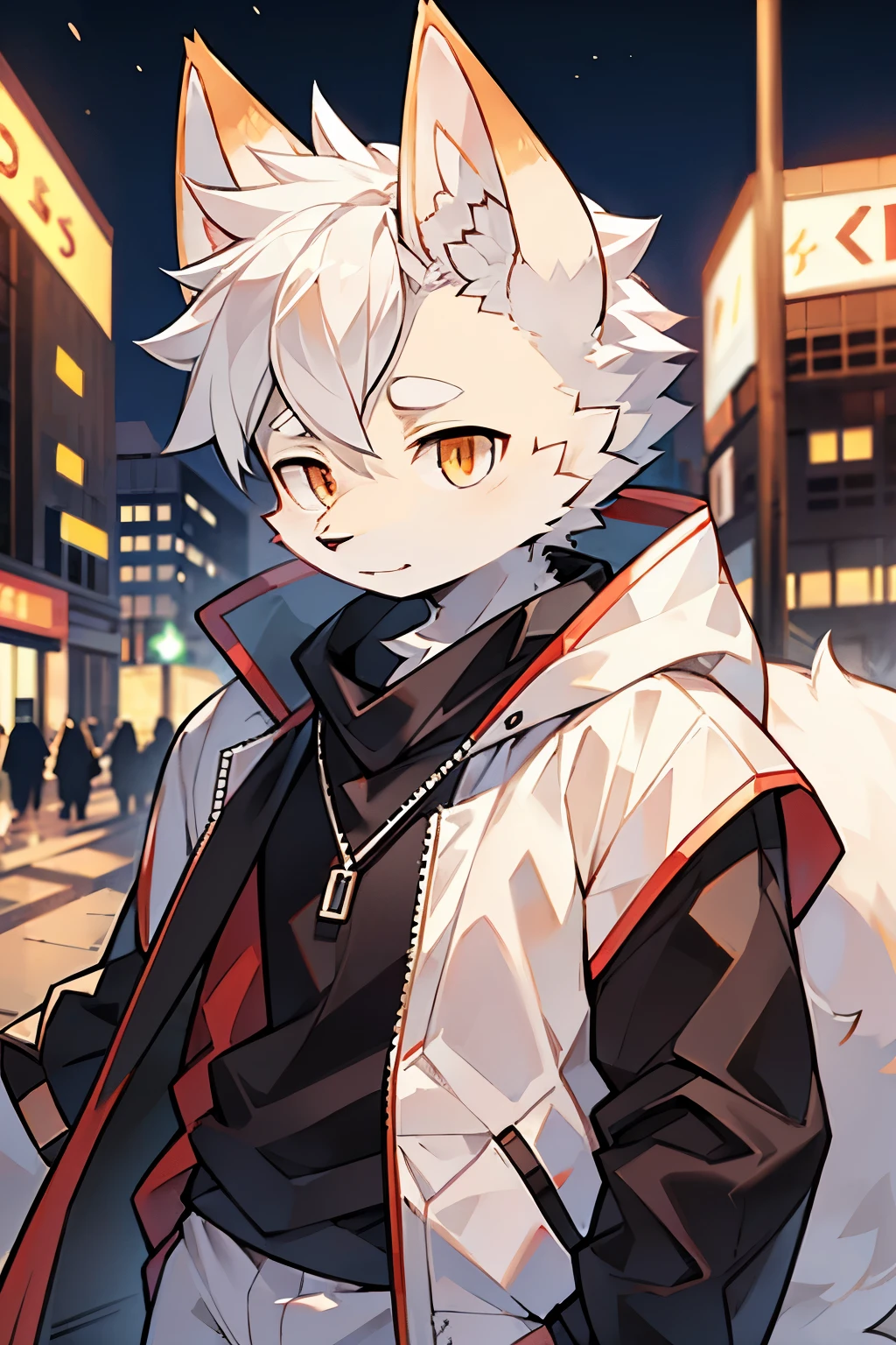 Exquisite lines,best quality。young,male,White Wolf Orcs,Higher,Long white coat,White trousers,Golden pupils,Background city bustling streets,night