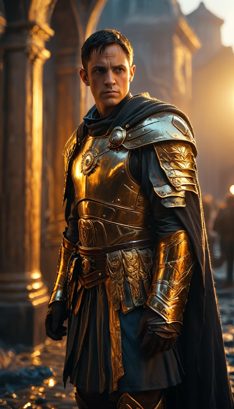 As the sun began to set, The warm golden hues of the sun illuminated his ornate attire, casting a warm glow across the area, Ground-level shot, Produce an image depicting the moment when Julius Caesar uttered his last words, 'Et tu, Brute, background dark, hyper realistic, ultra detailed hyper realistic, photorealistic, Studio Lighting, reflections, dynamic pose, Cinematic, Color Grading, Photography, Shot on 50mm lens, Ultra-Wide Angle, Depth of Field, hyper-detailed, beautifully color, 8k, golden light from the front,
