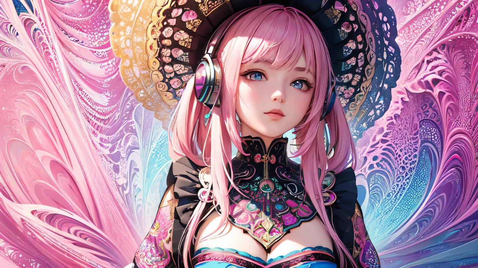 (masterpiece, highest quality, highest quality, Official Art, beautifully、aesthetic:1.2), (One girl), Very detailed,(Fractal Art:1.3),colorful,Most detailed,With pink hair,Put on your headphones,