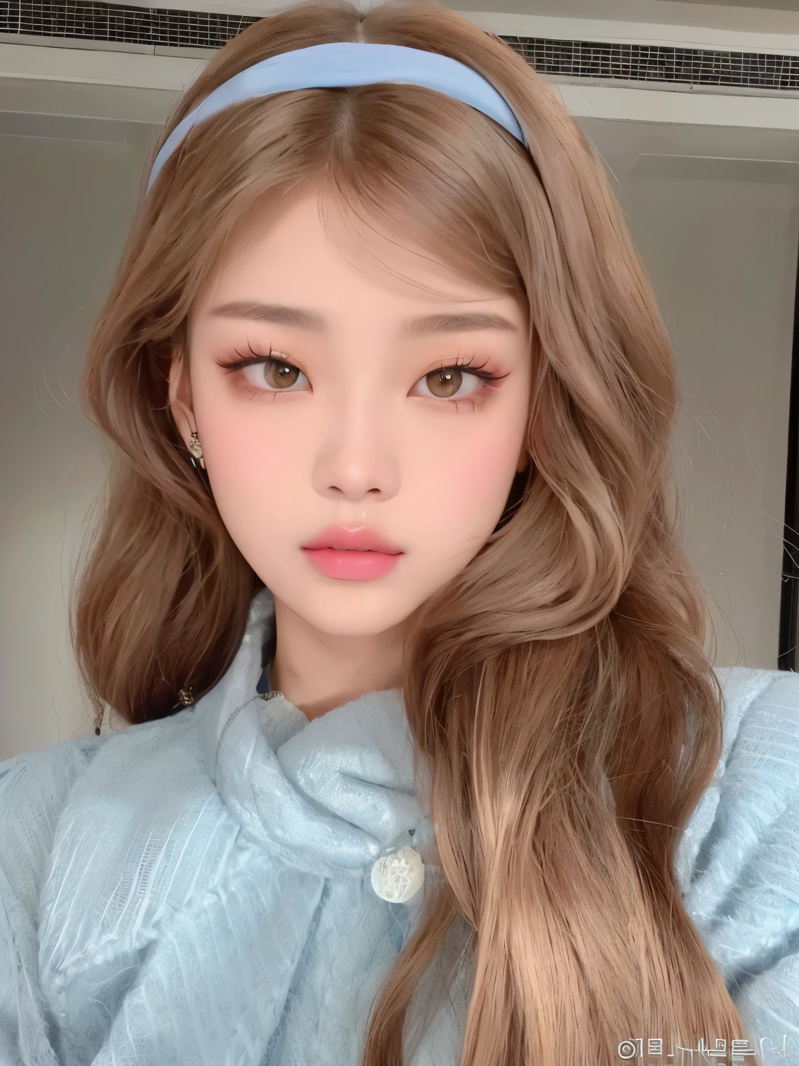 arafed woman with long hair wearing a blue coat and a headband, popular south korean makeup, ulzzang, popular korean makeup, lalisa manobal, young adorable korean face, soft makeup, korean girl, sakimichan, gorgeous young korean woman, beautiful young korean woman, portrait jennie of blackpink, beautiful south korean woman, rostro de Jennie de BlackPink, Jennie, cara de Jennie de BlackPink