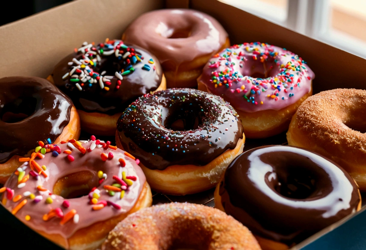 A mouthwatering high-definition photo of a dozen glazed doughnuts arranged in a doughnut box. The doughnuts are displayed with a diverse assortment of toppings, including chocolate frosting, rainbow sprinkles, and cinnamon sugar. The detailed close-up shot captures the glossy glaze and the fluffy texture of the dough, while the soft morning light from the window behind adds a warm golden hue to the image., photo