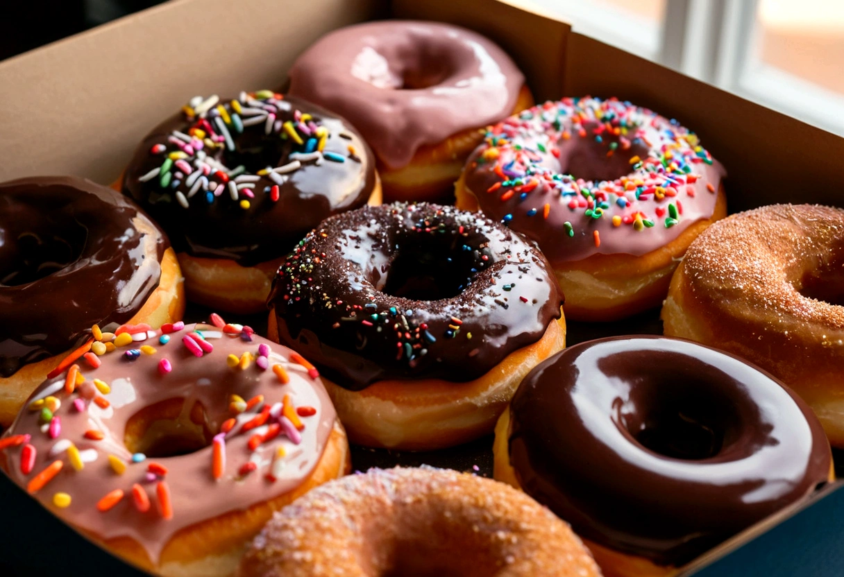 A mouthwatering high-definition photo of a dozen glazed doughnuts arranged in a doughnut box. The doughnuts are displayed with a diverse assortment of toppings, including chocolate frosting, rainbow sprinkles, and cinnamon sugar. The detailed close-up shot captures the glossy glaze and the fluffy texture of the dough, while the soft morning light from the window behind adds a warm golden hue to the image., photo