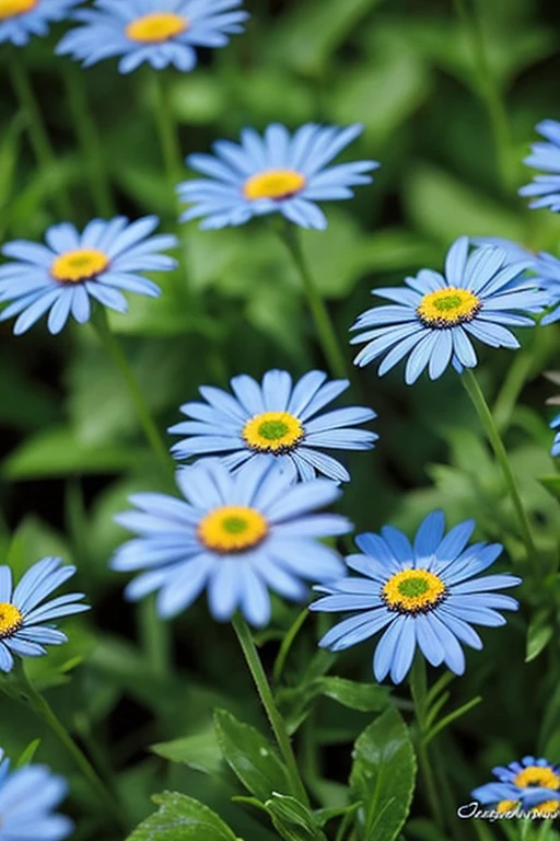 Close up,2 beautiful blue daisies,small grass,swaying in the wind,background pastel blue