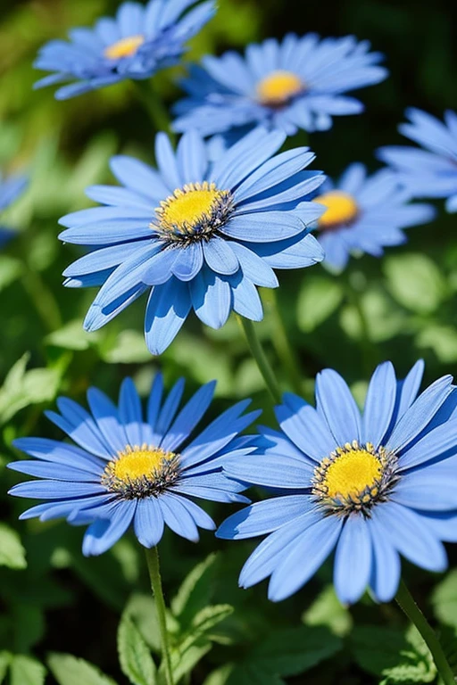 Close up,2 beautiful blue daisies,small grass,swaying in the wind,background pastel blue