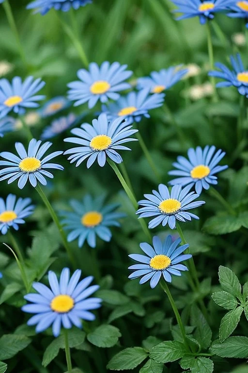 Close up,2 beautiful blue daisies,small grass,swaying in the wind,background pastel blue