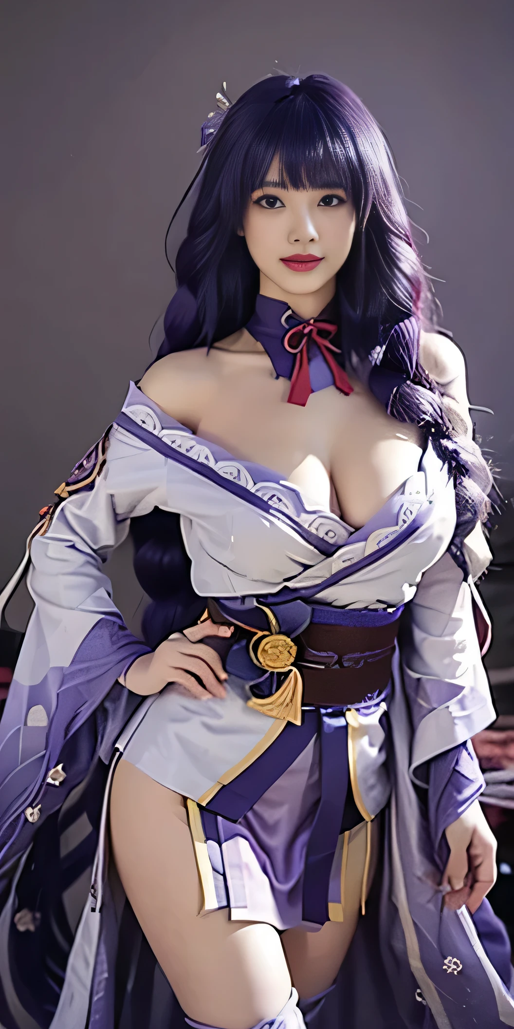 1girl, flat bangs, (standing with bending forward pose: 1.2), braids, wide sleeves, hair accessories, kimono, red belt, (purple hair:1.2), very long hair, straight hair, looking at the audience, plain white background, (realism: 1.2), detailed eyes, red eye shadow, depth of field, symmetrical eyes, cleavage, dancinasterpiece, top quality, best quality, official art, beauty and aesthetics: 1.2), (1 girl), extreme detail, (fractal art: 1.5), highest detail, [blue feathers|purple feathers] hair, Very long hair, (scattered), (flowing hair: 1.5), hair background, bare shoulders, (collarbone: 0.9), smile, big breasts, 36d, big breasts, sexy, buttocks, hot, big breasts, cleavage, big , detailed, white background