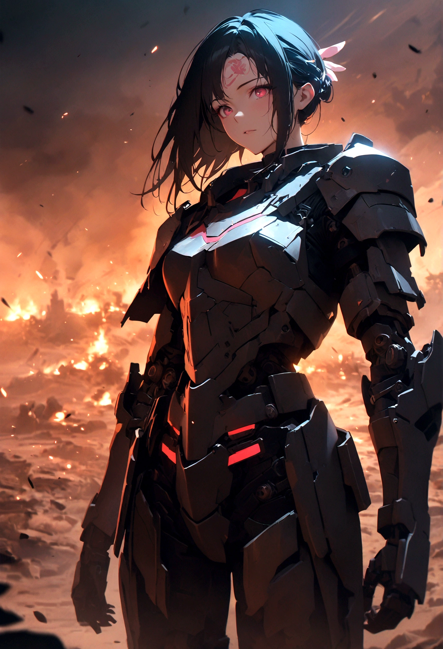 Cyberpunk, (日本warrior刀, warrior), 1 person, Peach blossom on forehead, ((Mechanical armor)), battlefield, night, best quality, Best masterpiece, HD, 16K,