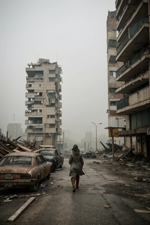 Cinematic post-apocalyptic city, high-rise concrete buildings in ruins belching smoke, dilapidated and crowded buildings, 1girl in brimmed hat and grey sweater and a grey cloak carries a bow and arrow. She is walking along one of the streets seen from above, gray sky, a cidade se estende pelo horizonte, ambiente desolado e triste, kenopsia, rusty and destroyed cars on the streets, as detailed as possible, ambiente cinzento, atmosfera cinza, gray buildings, Grey overcast sky