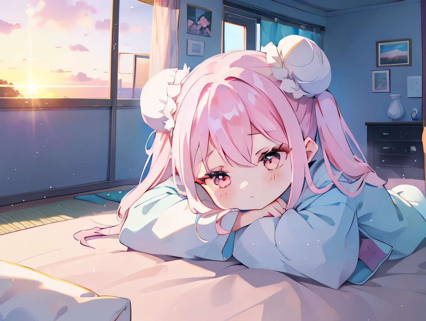 One Girl, ((miku hatsune))、(evening),(sunset),sleep、kotatsu, table, sleepeace, down face, Light blue hair, Winters, Upper Body,mandarin orange, reflected light,, Ultras_detailed:1.2,masterpiece, highest quality, High resolution, {Detailed and beautiful eyes}, finely,  Detailed and beautiful eyes,1 Girl, (alone:1.5),  (Hair Ribbon:0.4), Pink Eyes,Cinematic Angles,perspective,(((White bun hair))),(((Long pink hair))),