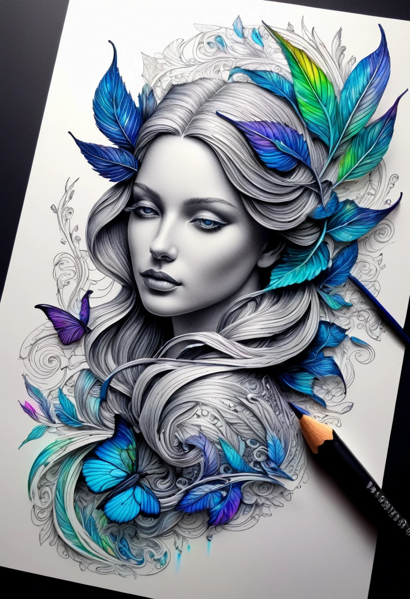 Dessiner une figurine 4D de style encre uhd époustouflante et à couper le souffle, effet holographique qui semble sortir de la feuille de dessin, extremely detailed drawing, hyperRéaliste, sublime details. Truly remarkable work, joyful and sensual work, couleurs flamboyantes