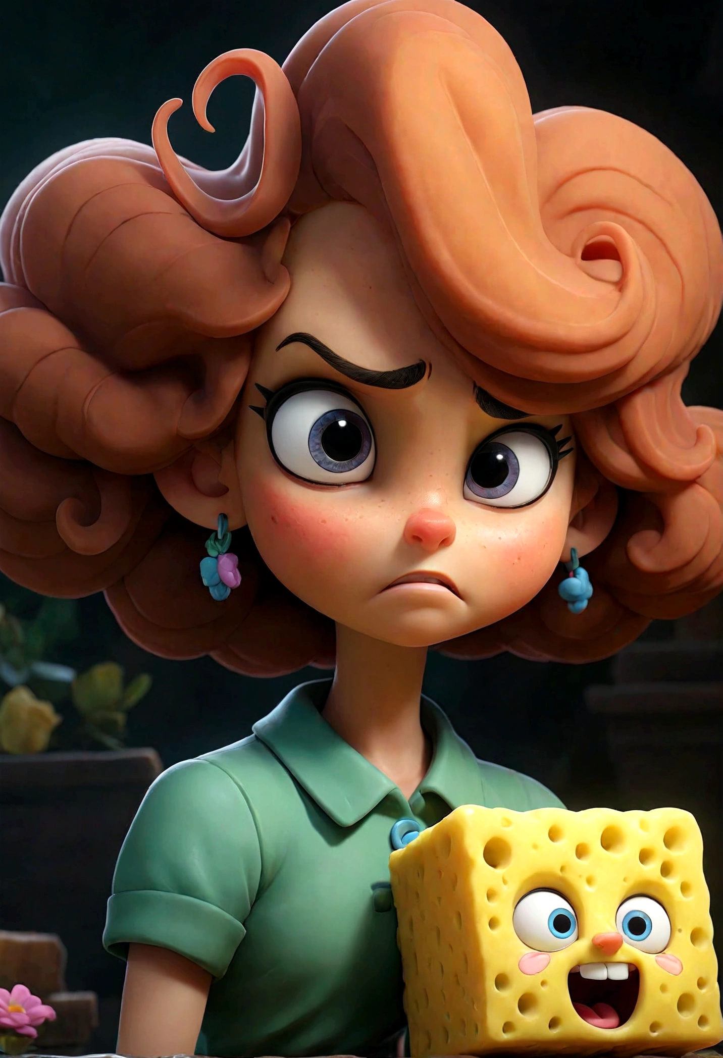 At the beginning of the story, Sponge appears cute and friendly, with a permanent smile on her face and bright eyes that reflect her love of life and sense of humor. But as events develop and the conflict with Jawk increases, Spongi's features begin to change, as her eyes become more sad and expectant, and signs of anxiety and tension appear on her face. Despite this, Sponge remains a symbol of courage and strength, as she overcomes challenges with steadfastness and determination.
