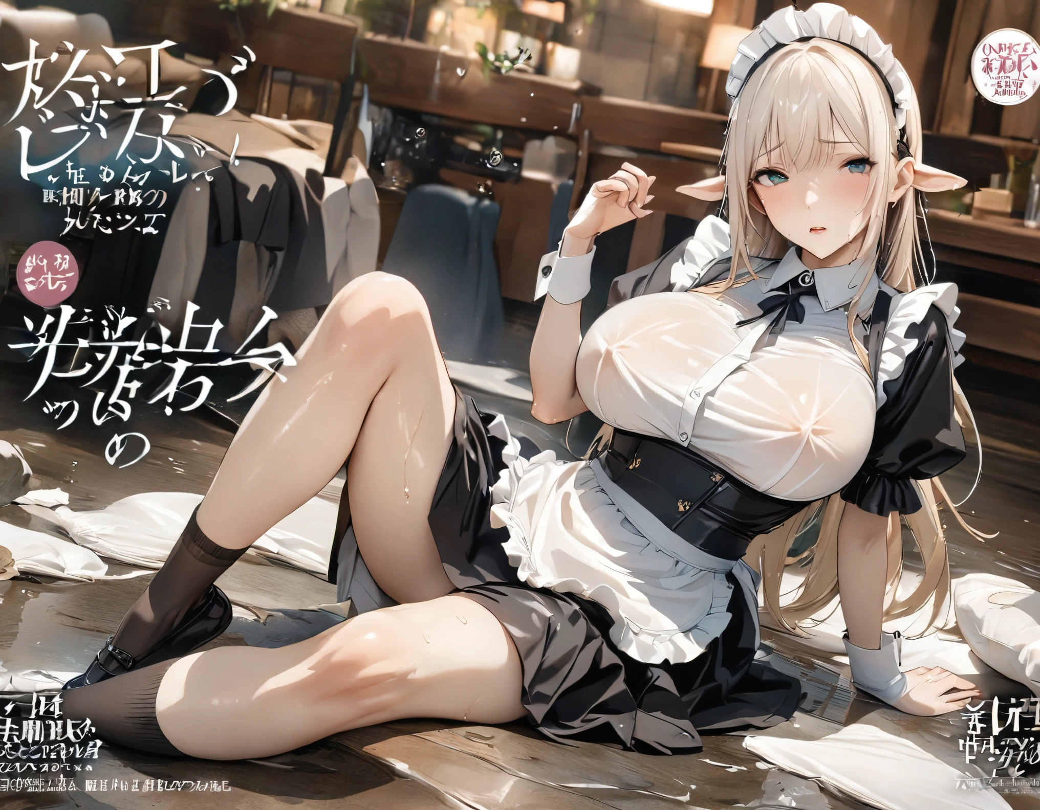 Magazine cover(masterpiece, best quality:1.2),Maid,(((The eyes are delicate)))Wet body((Maid衣服))Socks,Wet floor(8K)(HD)
