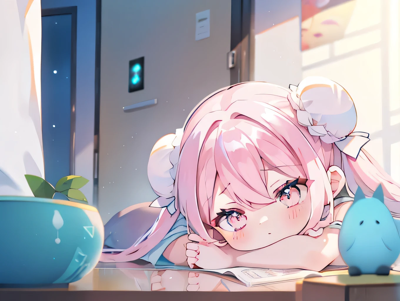 One Girl, ((miku hatsune))、(evening),(sunset),sleep、kotatsu, table, sleepeace, down face, Light blue hair, Winters, Upper Body,mandarin orange, reflected light,, Ultras_detailed:1.2,masterpiece, highest quality, High resolution, {Detailed and beautiful eyes}, finely,  Detailed and beautiful eyes,1 Girl, (alone:1.5),  (Hair Ribbon:0.4), Pink Eyes,Cinematic Angles,perspective,(((White bun hair))),(((Long pink hair))),