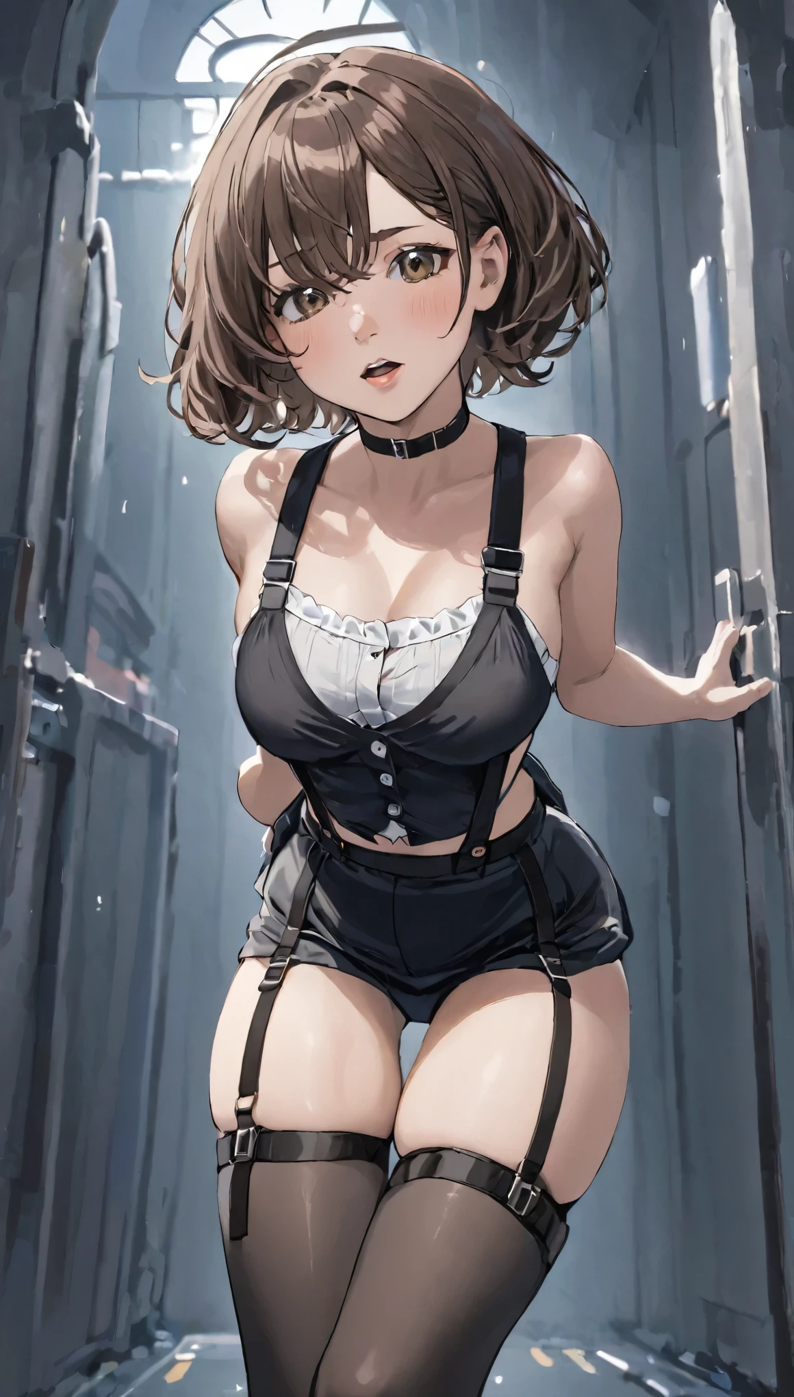 Black Skirt, 　suspenders, Brown hair Gray eyes, Garter belt on the legs, Tight clothing, 　　 internal　Armpit sweat　　Tight look　Medium chest