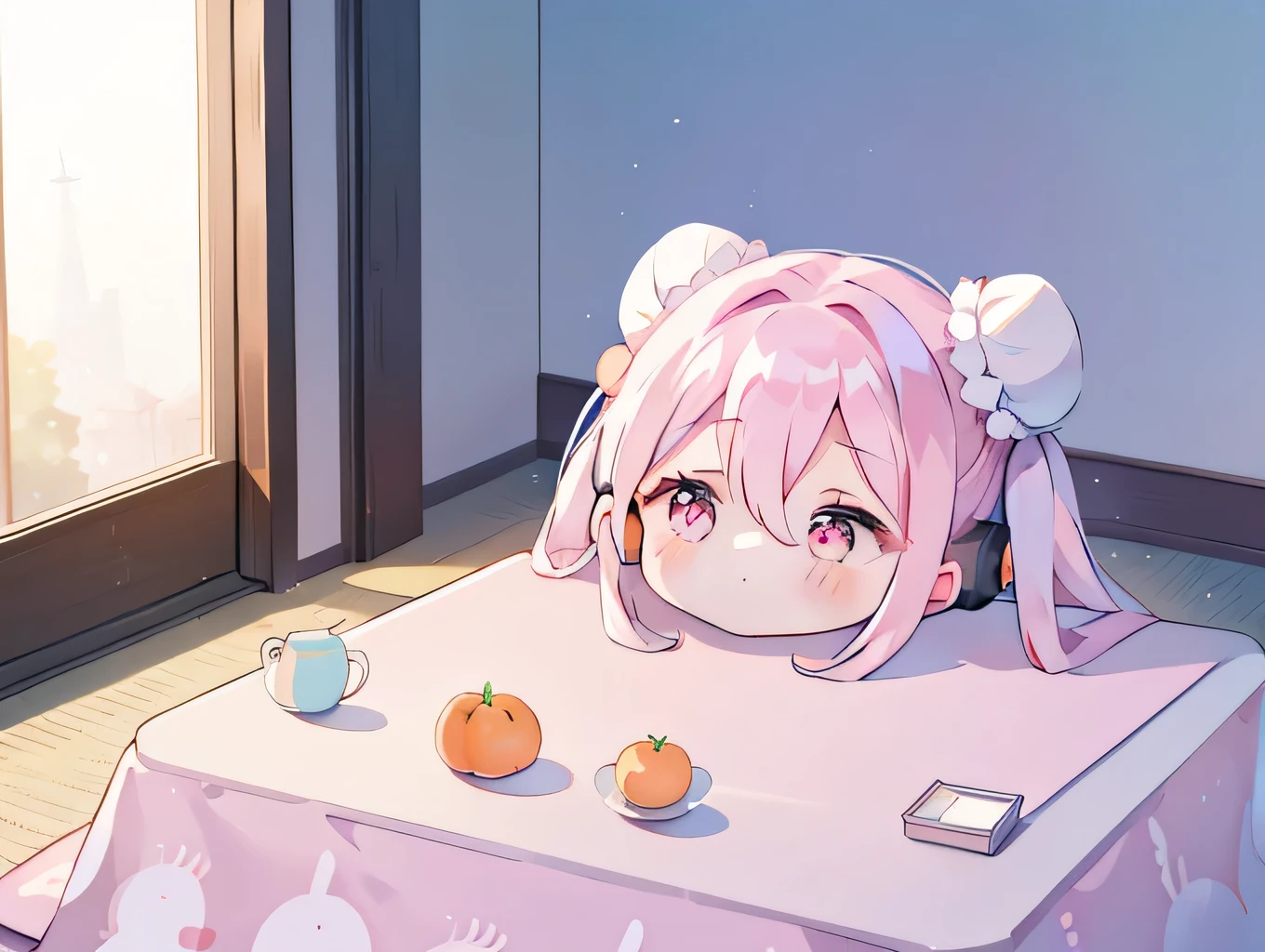 One Girl, ((miku hatsune))、(evening),(sunset),sleep、kotatsu, table, sleepeace, down face, Light blue hair, Winters, Upper Body,mandarin orange, reflected light,, Ultras_detailed:1.2,masterpiece, highest quality, High resolution, {Detailed and beautiful eyes}, finely,  Detailed and beautiful eyes,1 Girl, (alone:1.5),  (Hair Ribbon:0.4), Pink Eyes,Cinematic Angles,perspective,(((White bun hair))),(((Long pink hair))),