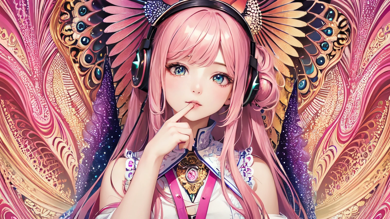 (masterpiece, highest quality, highest quality, Official Art, beautifully、aesthetic:1.2), (One girl), Very detailed,(Fractal Art:1.3),colorful,Most detailed pink hair、I have headphones on。