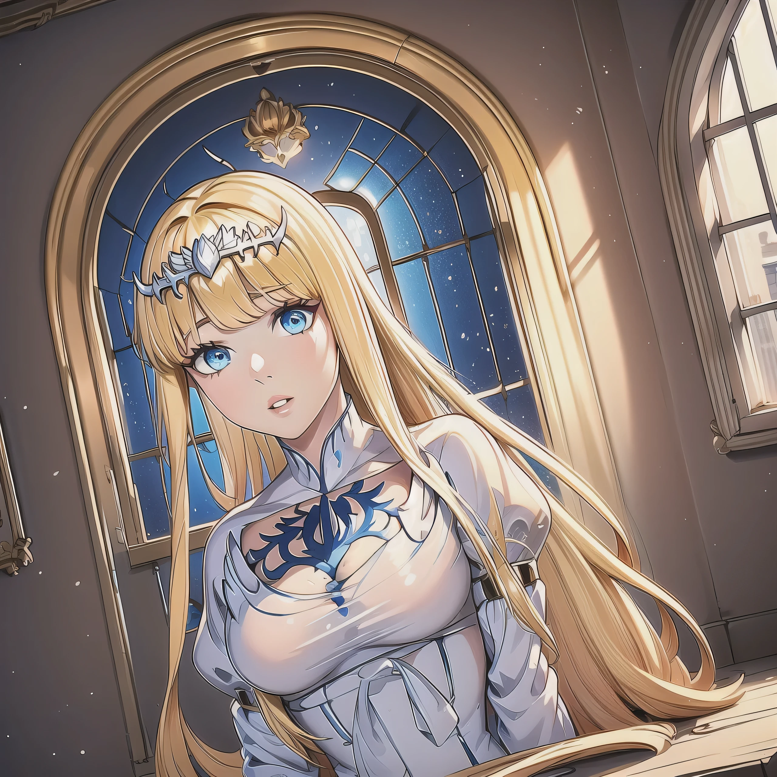 1girl, solo, , window, looking at the viewer,  indoors,  parted lips, , dutch angle, light particles,   masterpiece,best quality, Calca, Calca Bessarez, blonde hair, (extremely long hair:1.3), very long hair, white tiara, white dress, blue eyes, medium chest