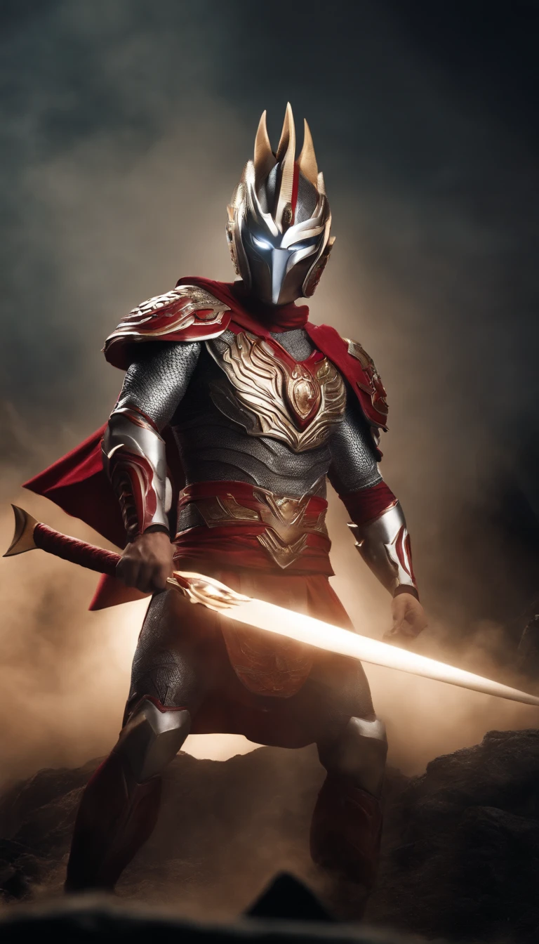 Combine the shape of Ultraman Leo with the ferocious Zhu Bajie from the Chinese Journey to the West,Strong physique,Holding a powerful,Sharp nine-toothed rake as a weapon,8k,Chinese elements