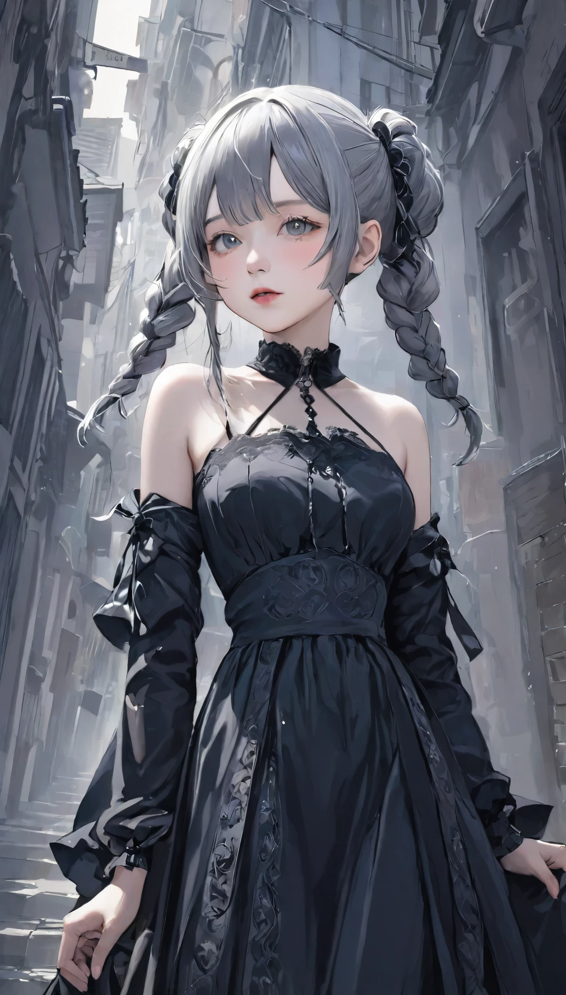 ((Wallpaper 8k)), ((Surreal)), ((Quality in every detail:1.2)), 1 girl, １４talent、Kind eyes、Fuller lips、Grey Hair、French Braid、Natural look、(((Small breasts、Small breasts)))、black elegant dress,Black capelet, look up, Widespread poverty, Shortcuts、Shorthair Twin Tails、Grey Hair:1.5、White skin、