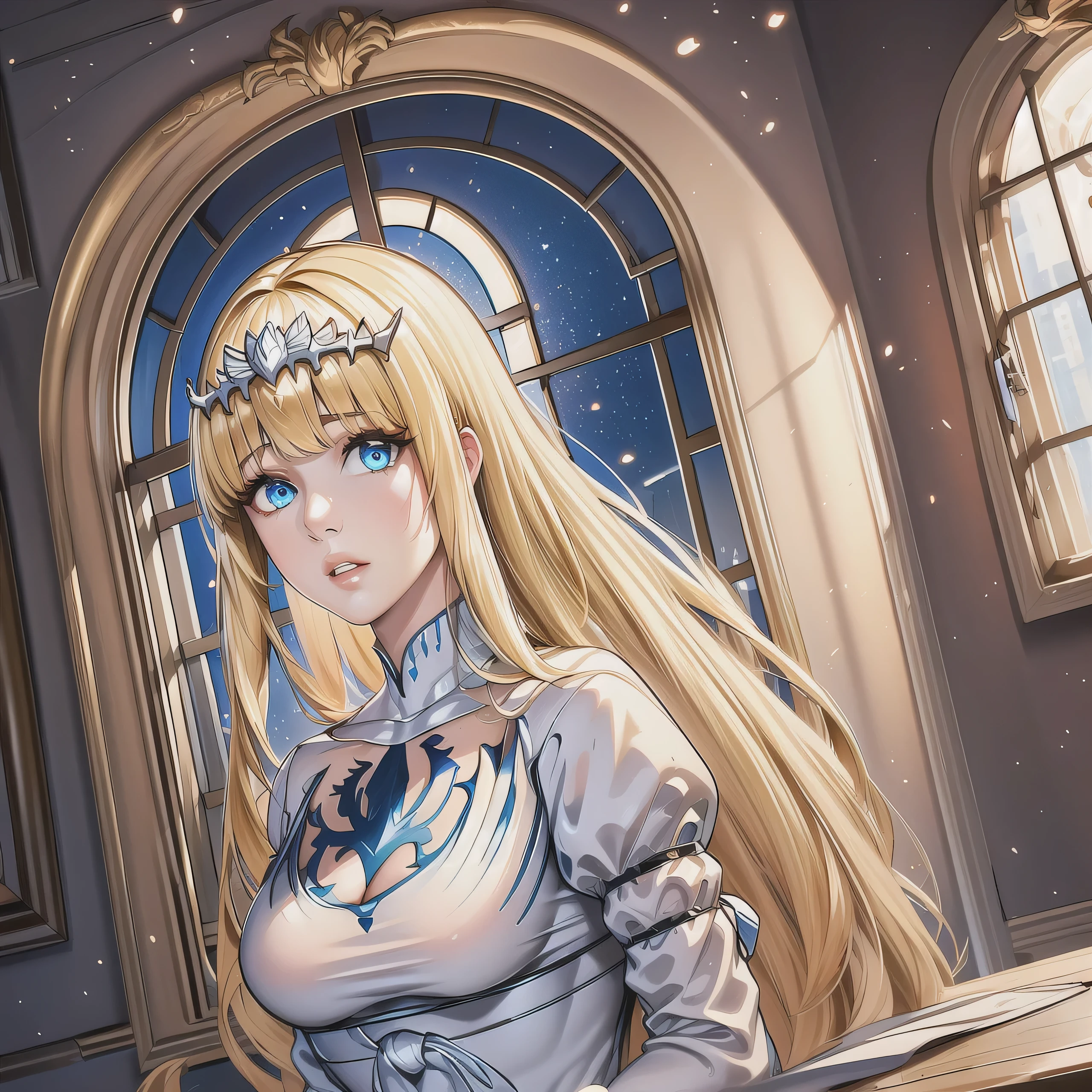 1girl, solo, , window, looking at the viewer, indoors, parted lips, , dutch angle, light particles, masterpiece,best quality, Calca, Calca Bessarez, blonde hair, (extremely long hair:1.3), very long hair, white tiara, white dress, blue eyes, medium chest