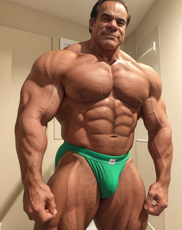 A ((powerful bodybuilder, as bodybuilder Franco Columbu)), ((aged 55 years old)), ((exaggerated muscular thick body physique and pumpes veins)) clad in ((thong outfit)) exuding confidence as he strikes a astonishing standing pose. ((His body is really trully oustrageous muscled)). His remarkable physique add to his commanding presence. ((Captured in stunning 4K detail)), this scene showcases his awe-inspiring physique with precision and dynamism, emphasizing the highlighting and shadows, vitality, and energy of his physique.