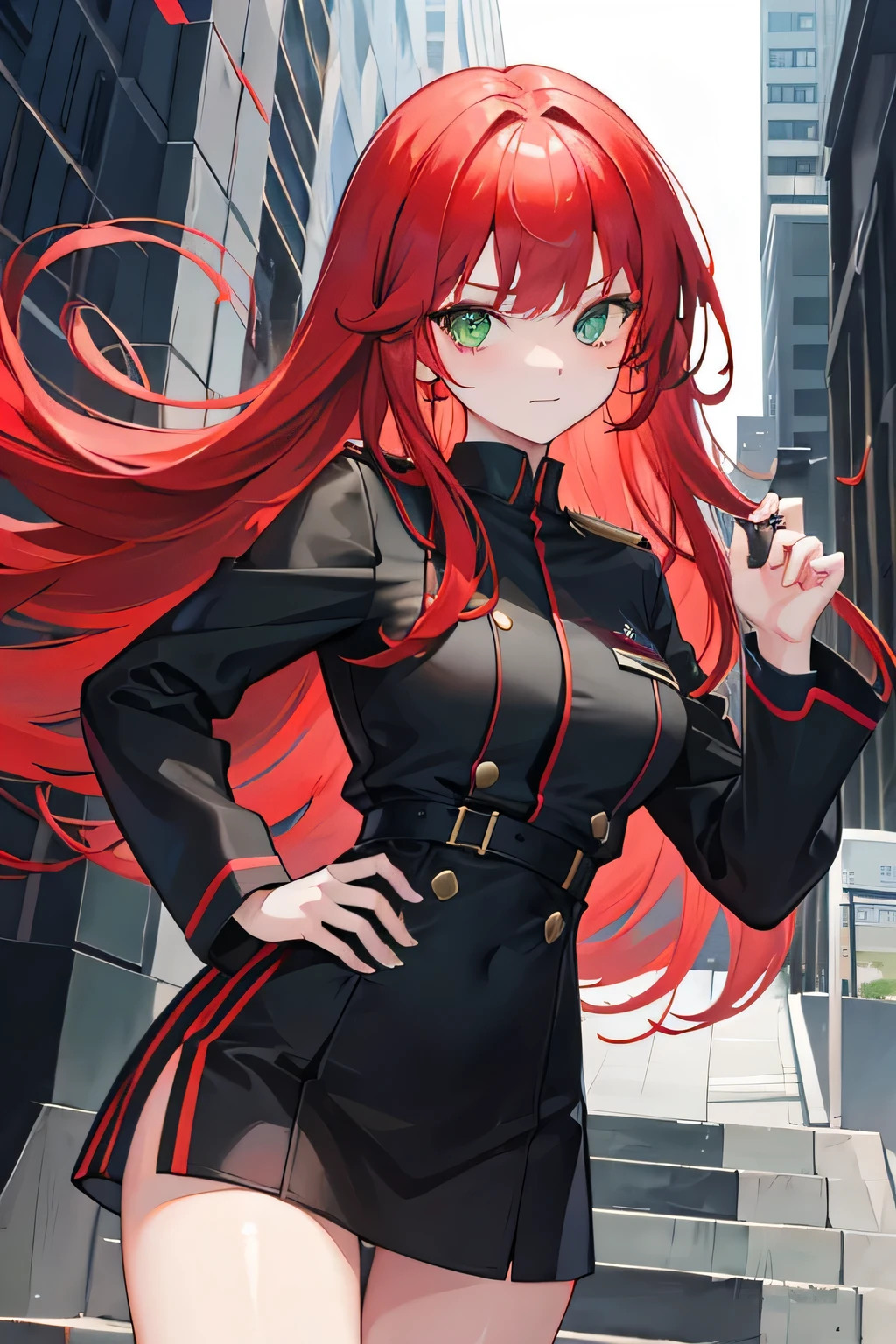 girl, green eyes, long wavy red hair, bangs, bad girl, not smile, thug. black uniform