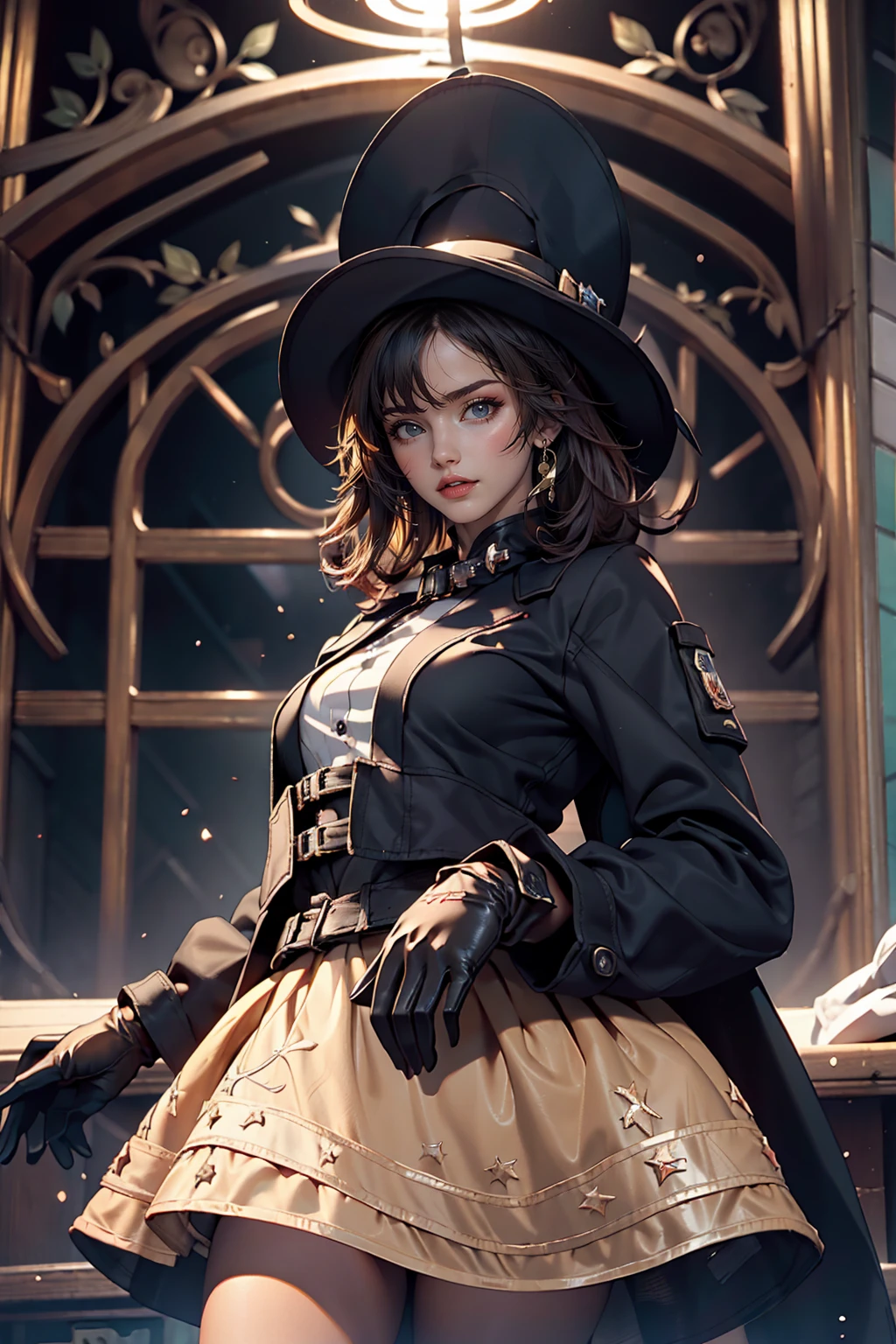 (masterpiece, highest quality:1.2), Cowboy Shot, alone, One girl, The chamber was filled, smile, View Viewer, Black Hat, Jacket, Long sleeve, gloves