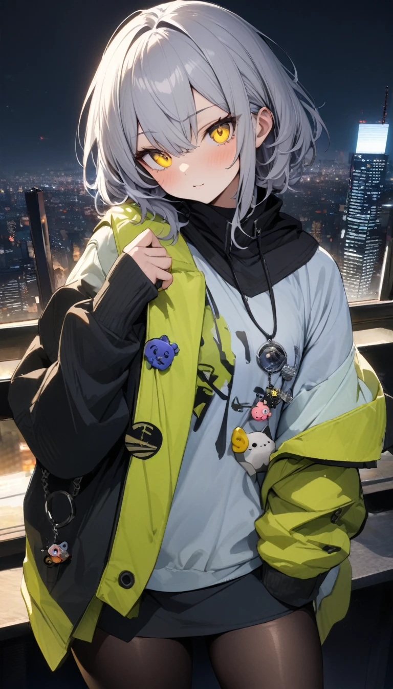masterpiece, best quality, very aesthetic, absurdres, a handsome girl, solo, older sister, silver hair, yellow cute eyes , cool clothes, black tights, city night view , charm, cool face,
