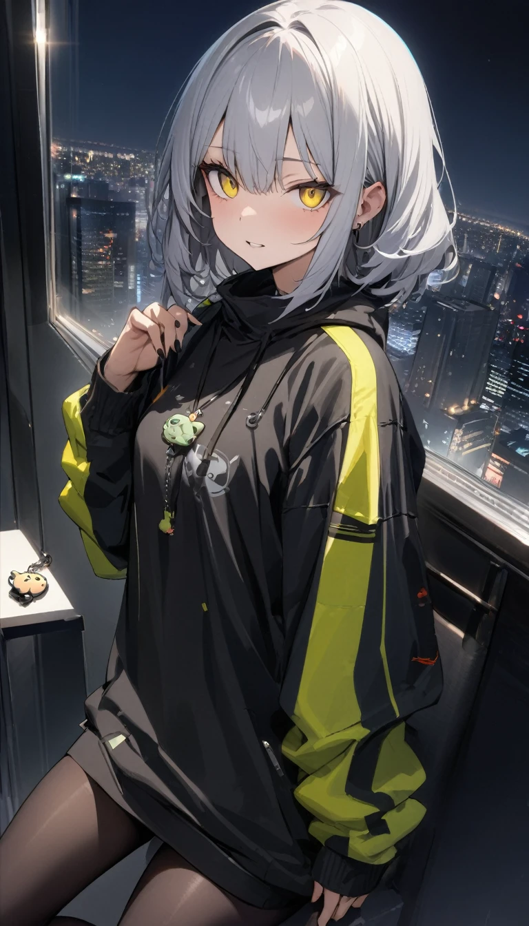 masterpiece, best quality, very aesthetic, absurdres, a handsome girl, solo, older sister, silver hair, yellow cute eyes , cool clothes, black tights, city night view , charm, cool face, 